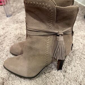 Coach Taupe Suede Tassel Heeled Boots
